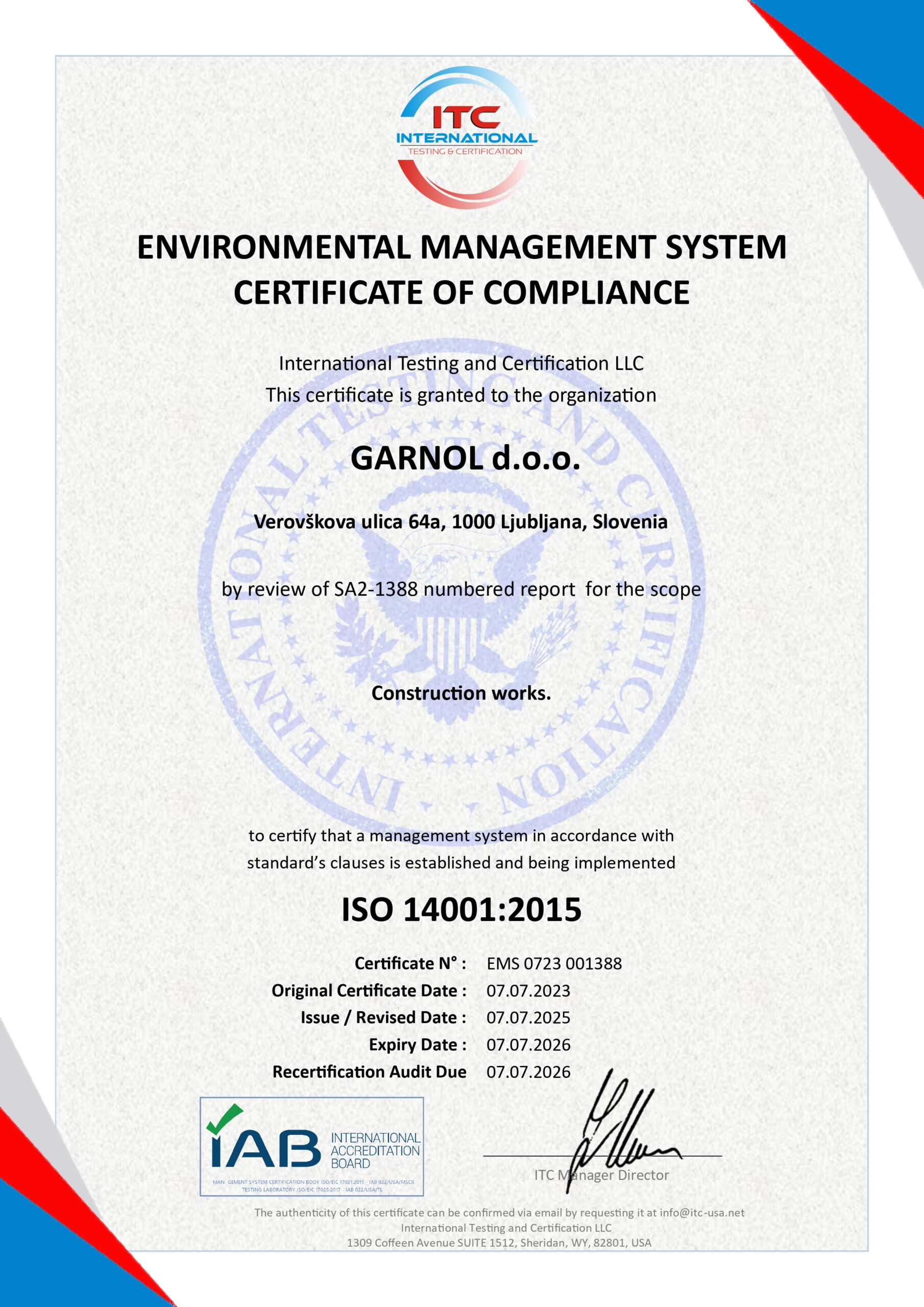 ISO 14001:2015 Certifikat